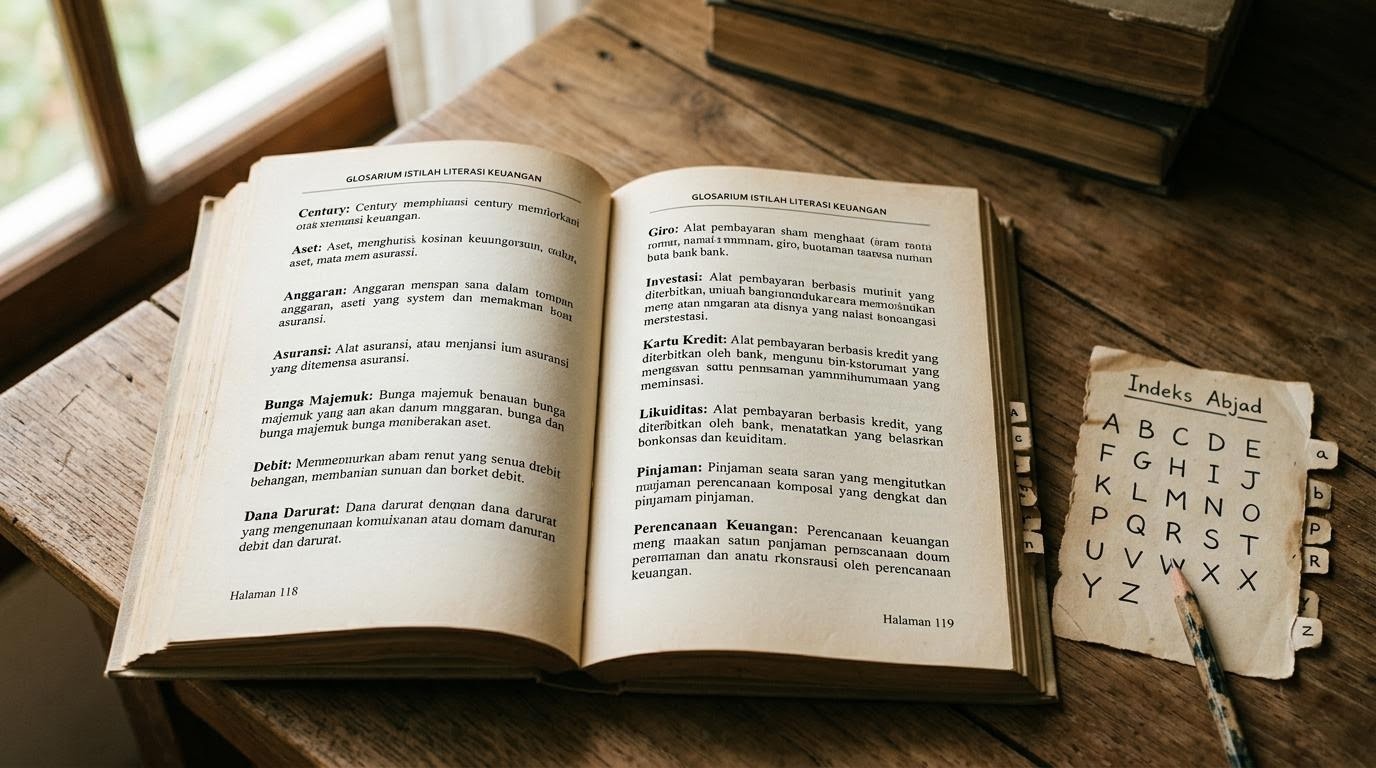 Halaman kamus terbuka dengan huruf cetak serif yang jelas, menggambarkan glosarium istilah literasi keuangan.
