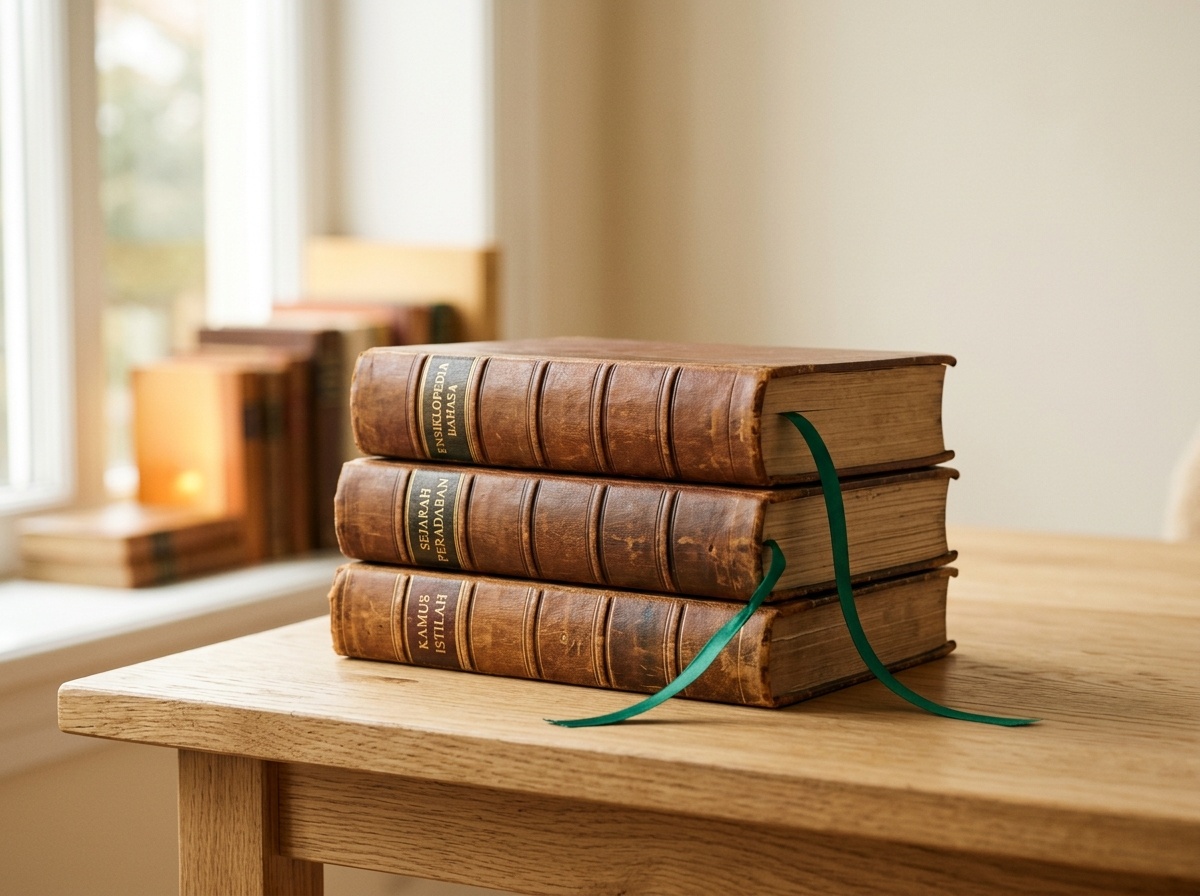 Tumpukan buku referensi berjilid kulit dengan pita bookmark emerald di atas meja kayu muda, menandakan perpustakaan rujukan literasi keuangan.