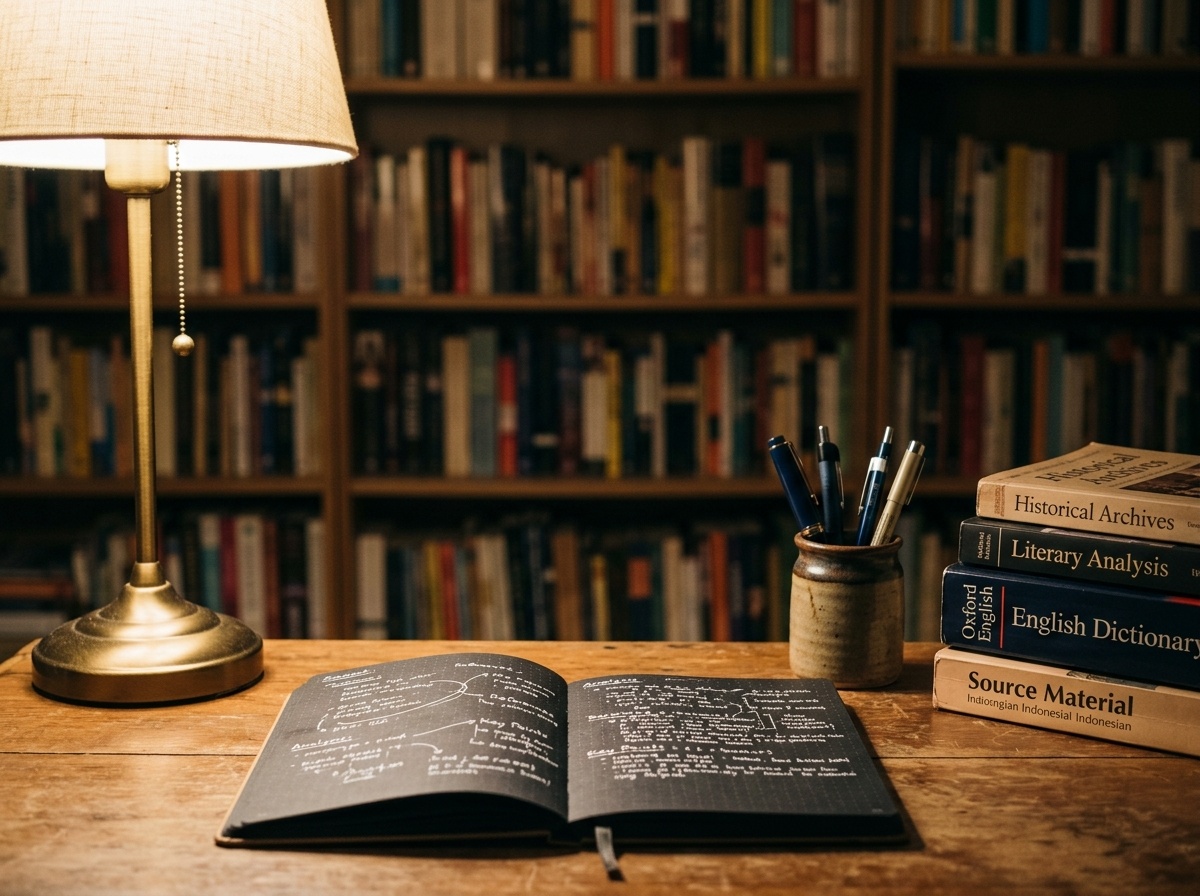 Sudut meja baca dengan lampu baca lembut, pena, dan kertas catatan bertitik-titik di samping rak buku, melambangkan fokus rujukan literasi.